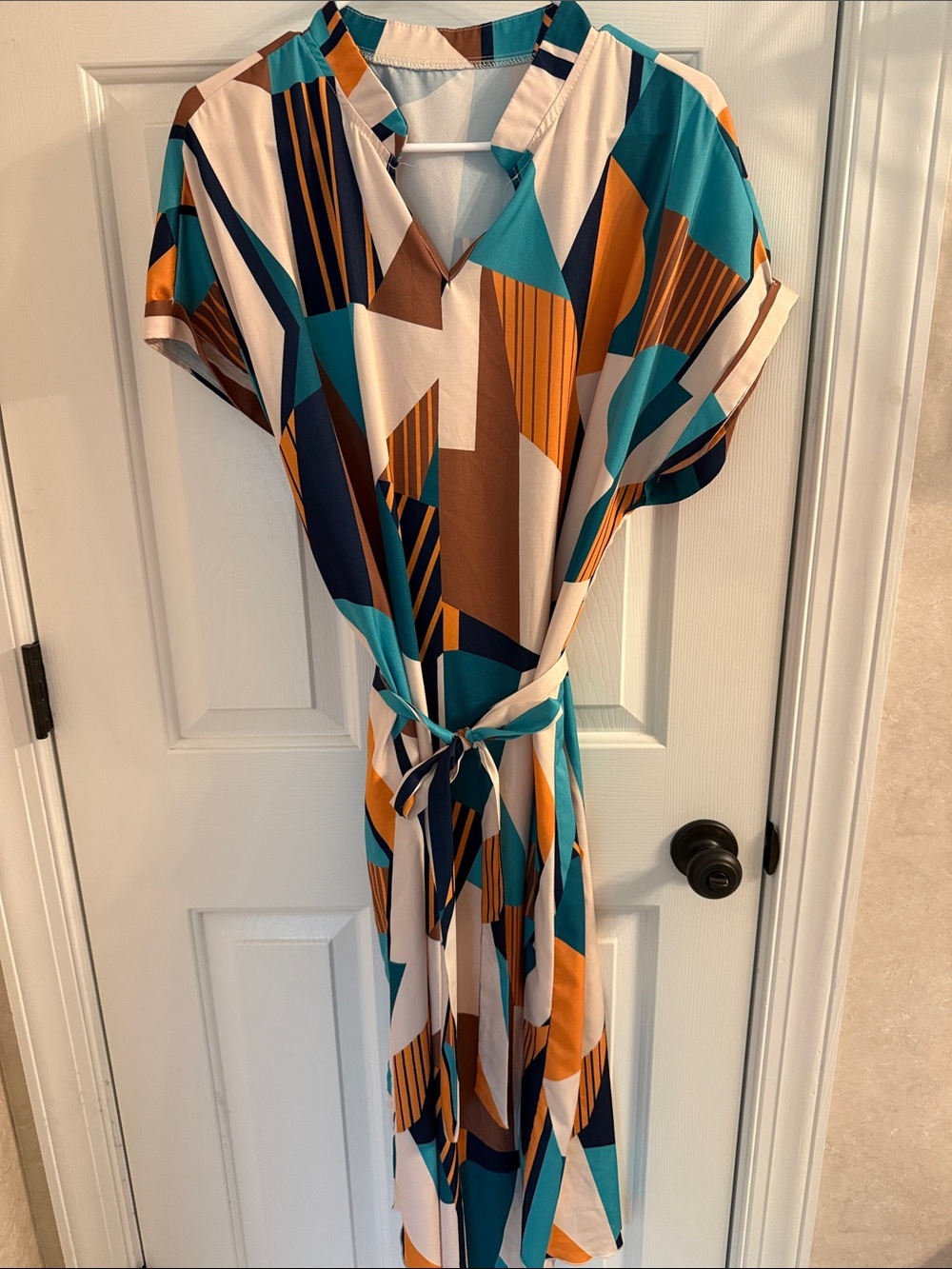 Geometric Print Teal & Brown Tie-Waist Women's Dress